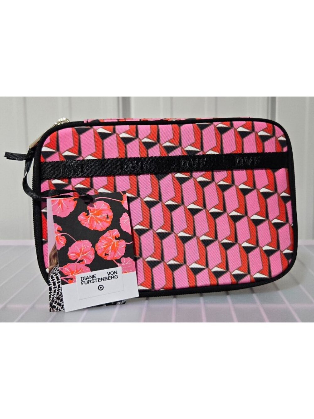 Diane Von Furstenberg Pink & Black Modern Geo Jewelry Organizer Zippered Bag